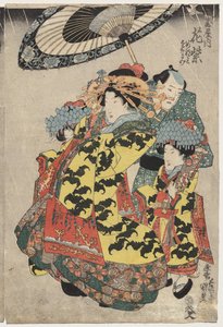 Les courtisanes Hanamurasaki et Koshikibu de Tamaya se promenant sous la pluie - Utagawa Kunisada