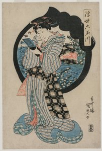 Femme avec un miroir à main de la série Les Six Rivières Tama du Monde Flottant - Utagawa Kunisada