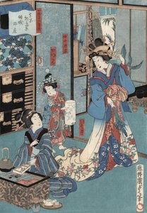Estampe ukiyo-e de geisha avec hibachi par Kunisada II, vers 1860