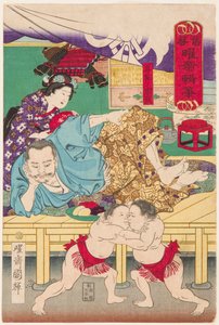 Combat de deux enfants sumo devant Tachibana Muneshige - Utagawa Kuniteru