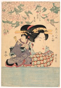 Pentaptyque : Cinq filles avec des marionnettes de théâtre - Utagawa Kuniyasu
