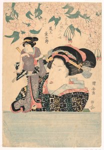 Pentaptyque : Cinq filles avec des marionnettes de théâtre - Utagawa Kuniyasu