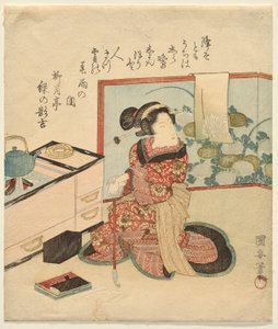 Femme attendant appuyée sur un tuyau - Utagawa Kuniyasu