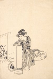 Jeune femme penchée sur une haute lampe - Utagawa Kuniyasu