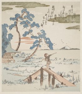 Un fermier traversant une passerelle - Utagawa Kuniyoshi