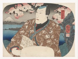 Acteur avec éventail sous les fleurs de cerisier - Utagawa Kuniyoshi