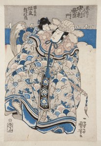 Acteurs Nakamura Utaemon IV comme Chikuzen no kami Hisayoshi, Band? Katsujir? comme Teruwaka no Kimi (estampe sur bois en couleur) - Utagawa Kuniyoshi