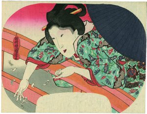 Une beauté jette dans la rivière Sumida des billets de prière au bodhisattva Jizō pour apaiser les esprits des noyés - Utagawa Kuniyoshi
