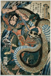 Chūsenko Teitokuson attaqué par un serpent sur un chemin de montagne - Utagawa Kuniyoshi