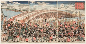 Onzième acte du "Chushingura" : Les loyaux vassaux se rassemblent au pont de Ryogoku - Utagawa Kuniyoshi