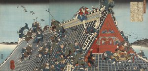 Hakkenden no uchi : Hôryû-kaku ; Sur le toit à Hôryû-kaku, 1836-1837 - Utagawa Kuniyoshi