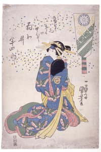 Femme agenouillée en robe bleue - Utagawa Kuniyoshi