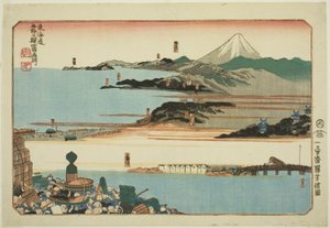 Nihonbashi, Shinagawa, Kawasaki et Kanagawa, de la série "Lieux célèbres des cinquante-trois stations du Tokaido, Quatre stations (Tokaido gojusan eki yonshuku meisho)" - Utagawa Kuniyoshi