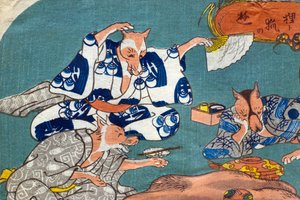 Jeu de chien viverrin et de renard (Tanuki to kitsune no asobi), c.1842