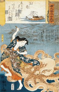 Tamatori attaquée par une pieuvre en saisissant un joyau sacré - Utagawa Kuniyoshi