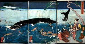 La prospérité des sept côtes avec de gros poissons (Nana ura tairyō hanjō no zu) - Utagawa Kuniyoshi