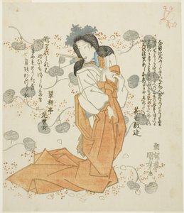 Femme tenant un éventail dans sa bouche - Utagawa Kuniyoshi