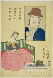 Femme française admirant des poissons rouges dans une boutique à Yokohama - Utagawa Sadahide