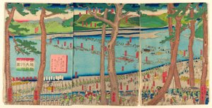 Procession de Minamoto no Yoritomo à travers la rivière Oi (Minamoto Yoritomo ko Oikawa gyoretsu zu) - Utagawa Sadahide