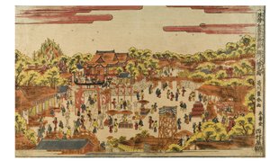 Image en perspective du sanctuaire Hachiman par la rivière Fukagawa, c.1770-1780 - Utagawa Toyoharu