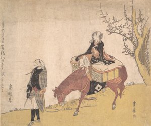 Version de la légende de Michizane : femme à cheval menée par un homme - Utagawa Toyohiro