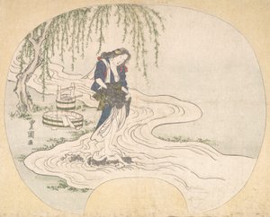 Une femme debout sur un rocher dans un ruisseau lavant des vêtements - Utagawa Toyokuni II