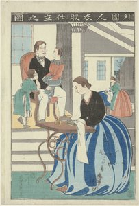 Femme occidentale derrière une machine à coudre - Utagawa Yoshikazu
