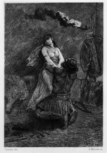 Il était à genoux, par terre, devant elle. Illustration de V.A. Poirson (1890) pour le roman « Salammbô » de Gustave Flaubert, prenant pour cadre la guerre des mercenaires à l