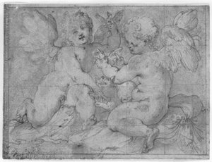 Deux putti jouant avec un chat et deux oiseaux