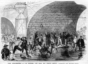 Le pêcheur a la ligne au bas du pont Neuf à Paris en 1868 pendant les basses eaux. Dessin de Desroches - Valnay