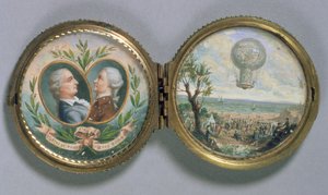 Portrait miniature de J.F. Pilatre et Pierre Romain avec une scène de leur ascension en ballon, 1784 (gouache sur vélin)