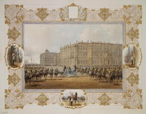 Revue du Régiment des Gardes à Cheval devant le Palais d