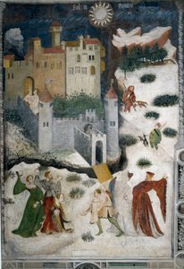 Mois de janvier : paysage enneigé avec aristocrates et chasseurs. Les aristocrates jouent aux boules de neige tandis que les chasseurs partent à la chasse avec leurs chiens. En bas, le château de Castello di Stenico et un homme avec la clé prêt à ouvrir la - Venceslao Maestro