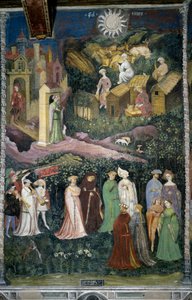 Mois de juin : danse de dames et cavaliers. En bas, traite des vaches et fabrication de fromage avec du lait. Des gens chargés de nourriture sortent du château. Le cardinal Bernardo Cles (1485-1539), le mécène de la peinture refaite par Fogolino, est repré - Venceslao Maestro