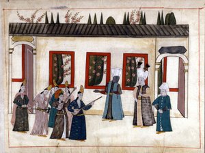 Le Sultan rend visite à la favorite avec la mère et le chef des eunuques. Miniature des « Mémoires turques » (codex Cicogna 1971 « Memorie Turchesche ») Aquarelle de l