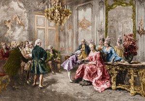 Wolfgang Amadeus Mozart chez Madame de Pompadour. Gravure d