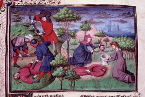 Scène de meurtre de deux hommes dont les meurtriers leur coupent la tête. Page d
