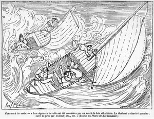 Course de voiliers, bateaux chavirés : « les régates de voile étaient soutenues par un vent fort et frais. Le bateau le Goéland a chaviré en premier, suivi de très près par Monitor... » - dessin de Crafty, dans « Le Centaure ». - Victor  Geruzez