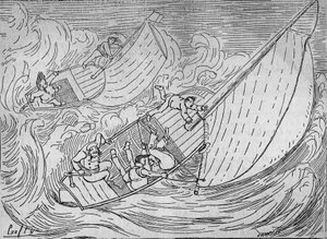 Courses de voile : deux régates, le Goéland et le Monitor chavirés - extrait du Phare de Kerkamadec - dessin par Crafty - dans « Le Centaure » - Victor  Geruzez