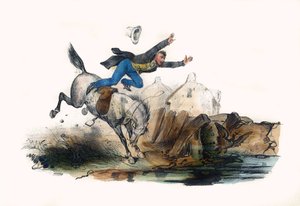 Un cavalier tombe après la ruée de son cheval. Dans « Album Grotesque, Choix de Types Remarquables », illustrations de Victor Adam, Paris, vers 1850. - Victor Adam