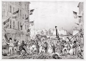 Barricade à la Rue Dauphine, 29 juillet 1830, gravée par H. Delaporte