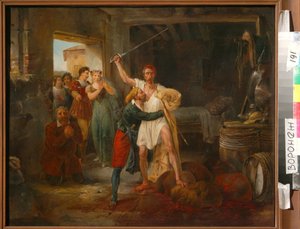 Don Quichotte combattant certaines outres de vin rouge - Victor Adam