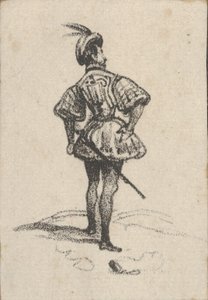 Homme avec épée et chapeau à plumes, vu de dos, milieu du 19e siècle - Victor Adam