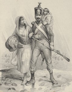 Soldat avec une femme à son bras et un enfant sur son dos, milieu du 19e siècle - Victor Adam