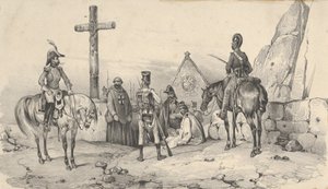 Soldats rassemblés devant une église avec des prêtres et un crucifix, milieu du 19ème siècle - Victor Adam