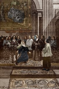 Affaire des possédés de Loudun (démons de Loudun) vers 1630 : « Exorcisme de la mère supérieure possédée du couvent des Ursulines par le prêtre de Chinon, Pierre Barré suite aux événements des « Possessions de Loudun », illustration pour possédés de Loudun