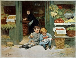 Tour lui. Enfant mangeant du pain grillé devant les courses de leur mère. La petite fille a une poupée sur ses genoux - Victor Gabriel Gilbert