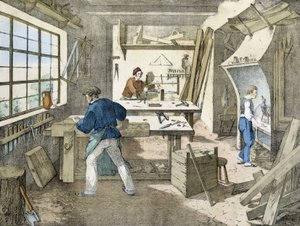 Le charpentier, lithographie de Janson. XIXe siècle.