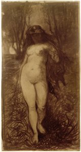 Nu féminin dans un paysage nocturne avec lune montante