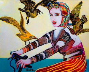Cycliste et oiseaux aux couleurs vives